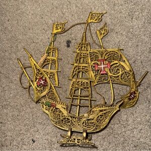 Vintage Portuguese Caravel Ship Figurine - Filigree Gold Gilt, Ornate Ename Rare